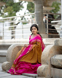 Elegant Mustard Cotton Silk Saree with Rani Pink Contrast Border & Checked Weaving