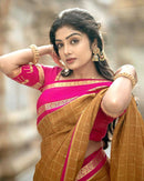 Elegant Mustard Cotton Silk Saree with Rani Pink Contrast Border & Checked Weaving