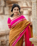 Elegant Mustard Cotton Silk Saree with Rani Pink Contrast Border & Checked Weaving