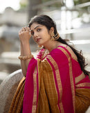 Elegant Mustard Cotton Silk Saree with Rani Pink Contrast Border & Checked Weaving