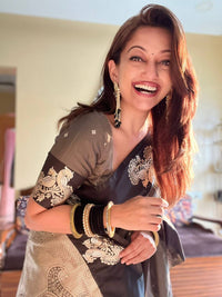 Elegant Charcoal Grey Banarasi Silk Saree with Antique Gold Zari Motifs & Rich Pallu