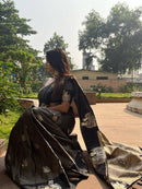 Elegant Charcoal Grey Banarasi Silk Saree with Antique Gold Zari Motifs & Rich Pallu
