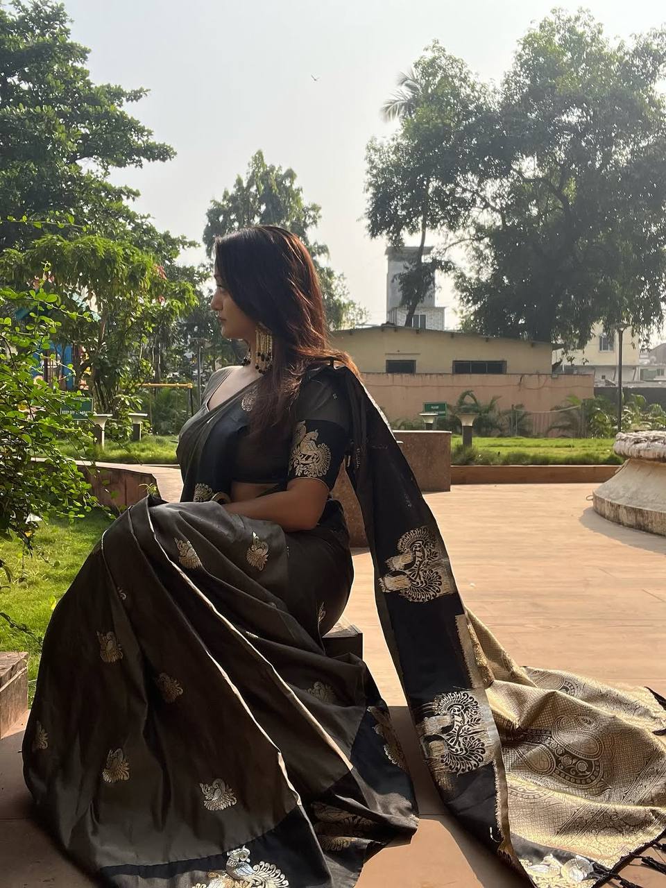 Elegant Charcoal Grey Banarasi Silk Saree with Antique Gold Zari Motifs & Rich Pallu