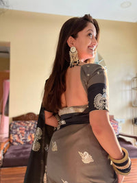 Elegant Charcoal Grey Banarasi Silk Saree with Antique Gold Zari Motifs & Rich Pallu