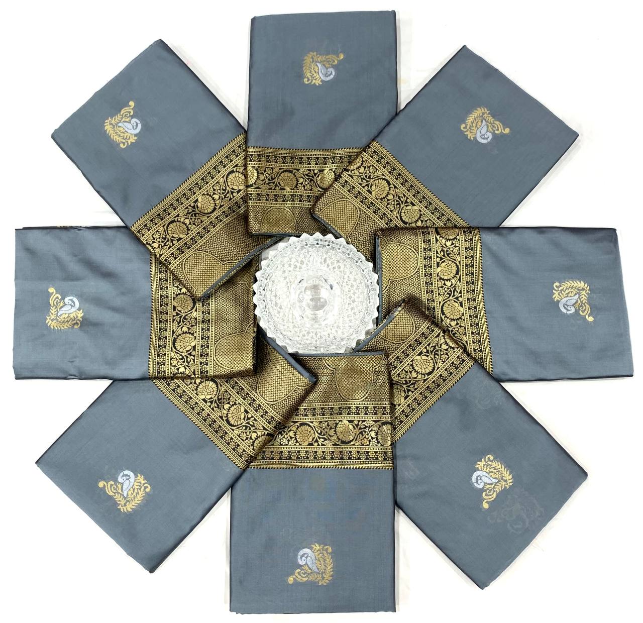 Elegant Charcoal Grey Banarasi Silk Saree with Antique Gold Zari Motifs & Rich Pallu