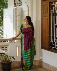 Elegant Wine Striped Cotton Silk Saree with Emerald Green Contrast Border