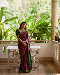 Elegant Wine Striped Cotton Silk Saree with Emerald Green Contrast Border