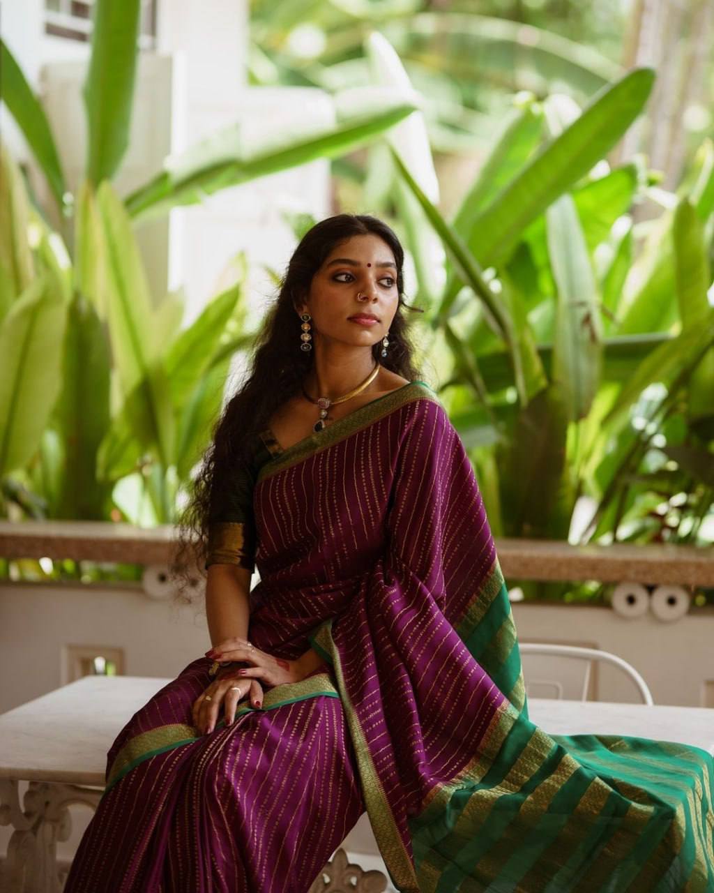 Elegant Wine Striped Cotton Silk Saree with Emerald Green Contrast Border