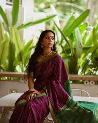 Elegant Wine Striped Cotton Silk Saree with Emerald Green Contrast Border