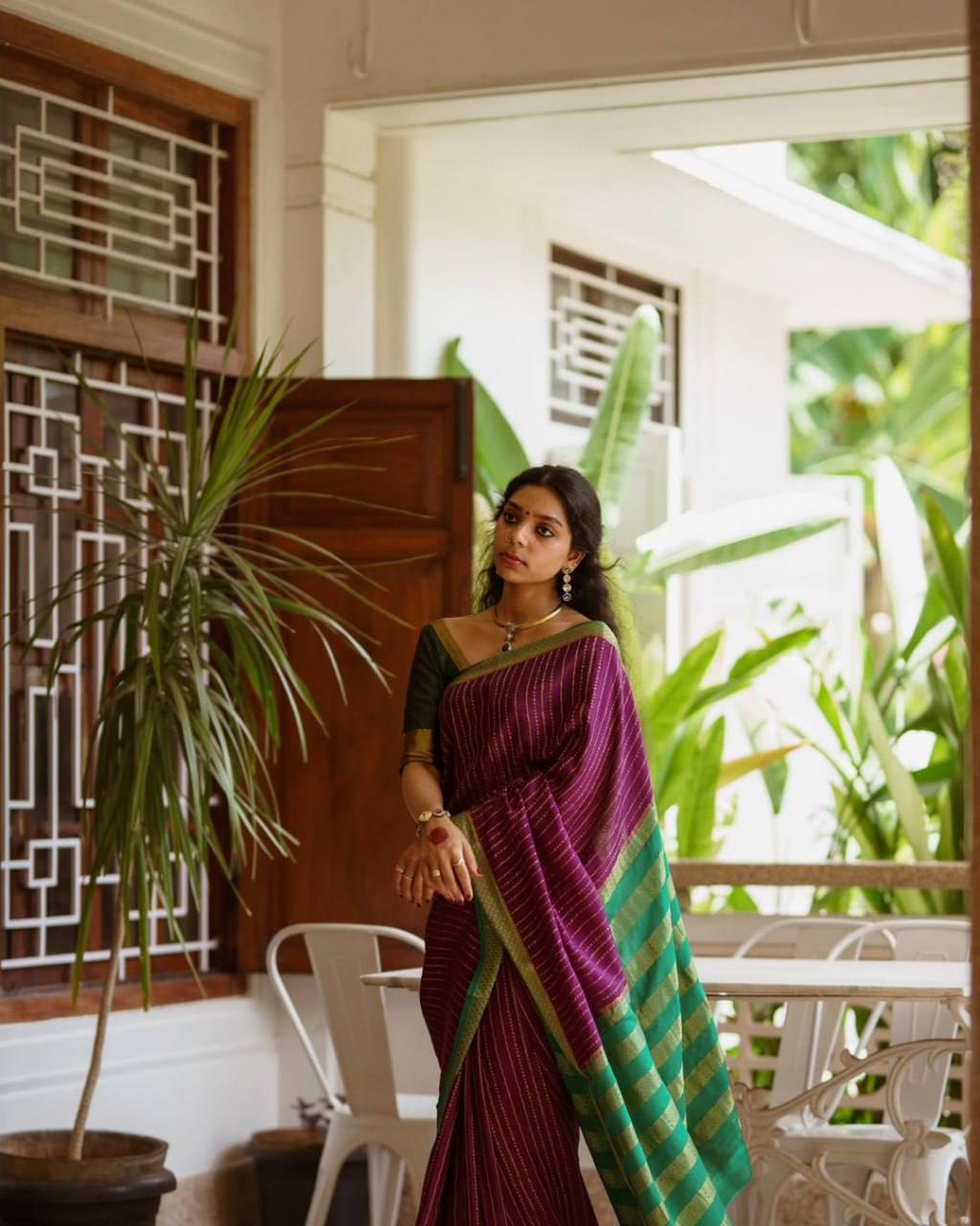 Elegant Wine Striped Cotton Silk Saree with Emerald Green Contrast Border