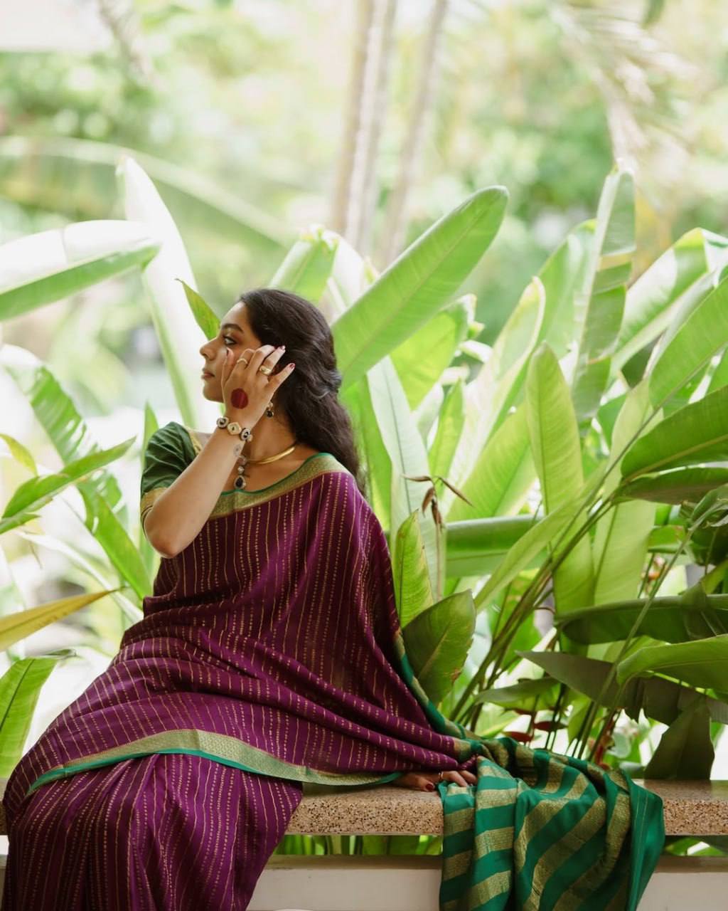 Elegant Wine Striped Cotton Silk Saree with Emerald Green Contrast Border