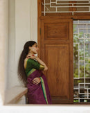 Elegant Wine Striped Cotton Silk Saree with Emerald Green Contrast Border