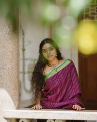 Elegant Wine Striped Cotton Silk Saree with Emerald Green Contrast Border