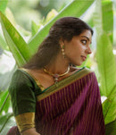 Elegant Wine Striped Cotton Silk Saree with Emerald Green Contrast Border