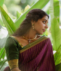 Elegant Wine Striped Cotton Silk Saree with Emerald Green Contrast Border