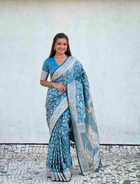 Elegant Sky Blue Banarasi Silk Saree with Silver Zari Floral Weaving & Rich Border