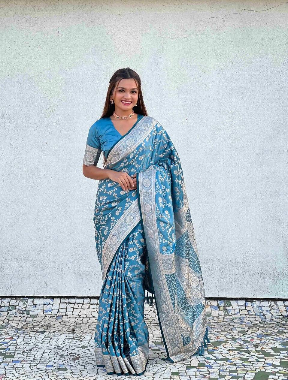 Elegant Sky Blue Banarasi Silk Saree with Silver Zari Floral Weaving & Rich Border