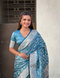 Elegant Sky Blue Banarasi Silk Saree with Silver Zari Floral Weaving & Rich Border