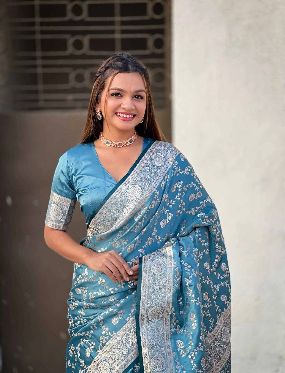 Elegant Sky Blue Banarasi Silk Saree with Silver Zari Floral Weaving & Rich Border