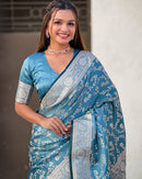 Elegant Sky Blue Banarasi Silk Saree with Silver Zari Floral Weaving & Rich Border