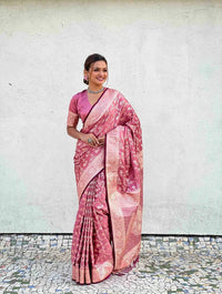 Luxury Rose Pink Banarasi Silk Saree with Silver Zari Floral Weaving & Grand Pallu
