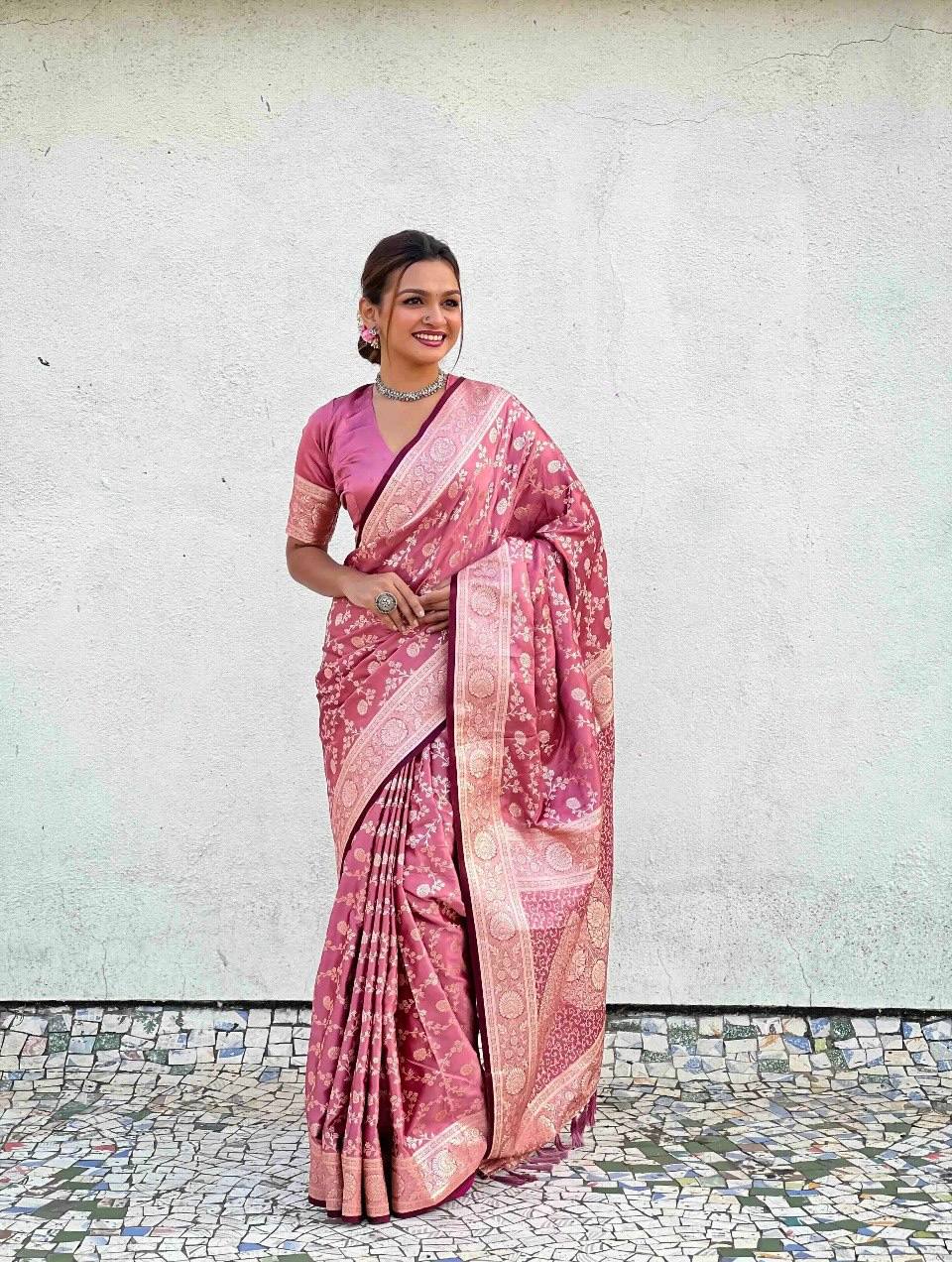 Luxury Rose Pink Banarasi Silk Saree with Silver Zari Floral Weaving & Grand Pallu