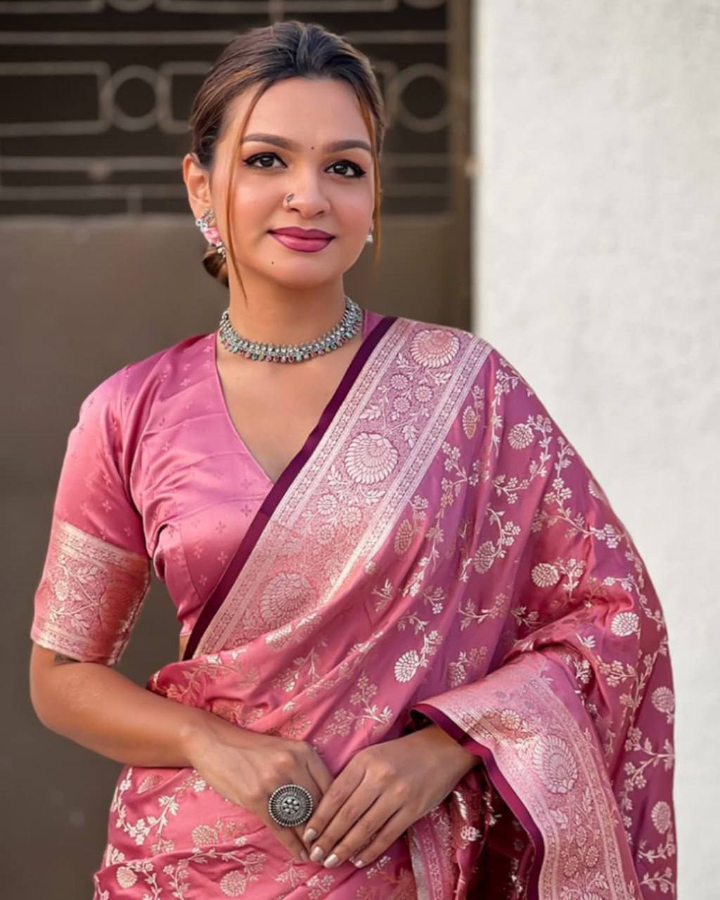 Luxury Rose Pink Banarasi Silk Saree with Silver Zari Floral Weaving & Grand Pallu