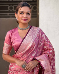 Luxury Rose Pink Banarasi Silk Saree with Silver Zari Floral Weaving & Grand Pallu