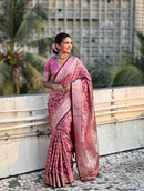 Luxury Rose Pink Banarasi Silk Saree with Silver Zari Floral Weaving & Grand Pallu