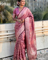 Luxury Rose Pink Banarasi Silk Saree with Silver Zari Floral Weaving & Grand Pallu