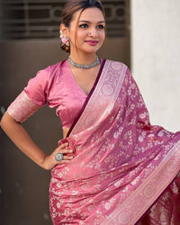 Luxury Rose Pink Banarasi Silk Saree with Silver Zari Floral Weaving & Grand Pallu