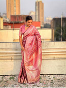 Luxury Rose Pink Banarasi Silk Saree with Silver Zari Floral Weaving & Grand Pallu