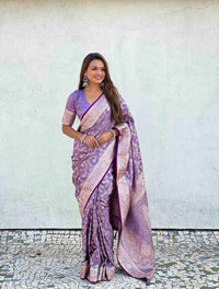 Elegant Lavender Banarasi Silk Saree with Silver Zari Floral Weaving & Rich Border