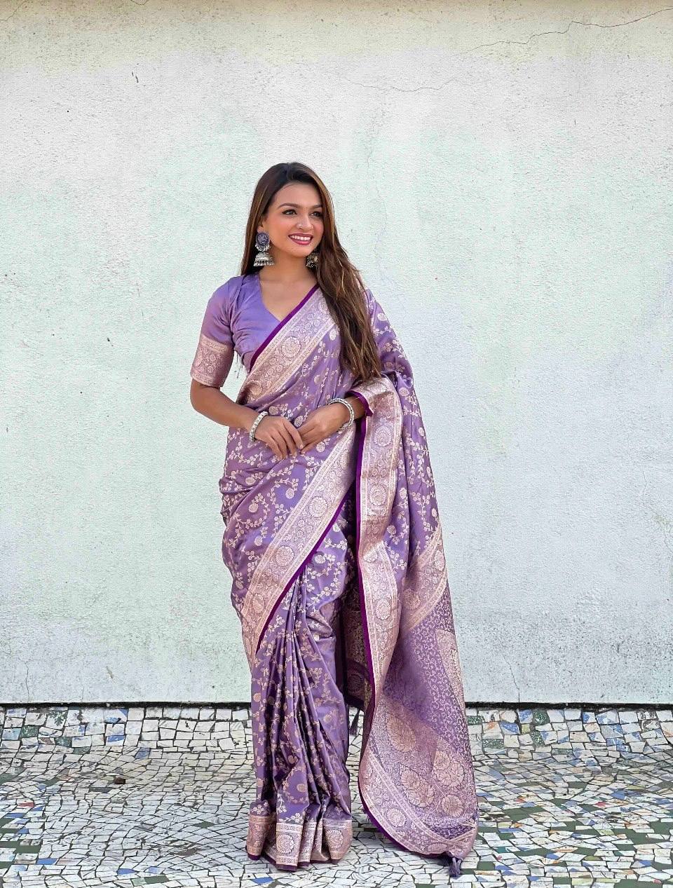 Elegant Lavender Banarasi Silk Saree with Silver Zari Floral Weaving & Rich Border