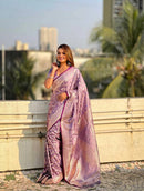 Elegant Lavender Banarasi Silk Saree with Silver Zari Floral Weaving & Rich Border