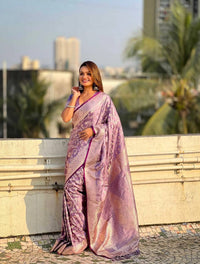 Elegant Lavender Banarasi Silk Saree with Silver Zari Floral Weaving & Rich Border