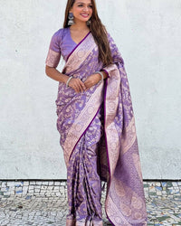 Elegant Lavender Banarasi Silk Saree with Silver Zari Floral Weaving & Rich Border