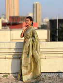 Luxury Olive Green Banarasi Silk Saree with Rich Gold Zari Floral Weaving & Grand Pallu