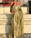 Luxury Olive Green Banarasi Silk Saree with Rich Gold Zari Floral Weaving & Grand Pallu