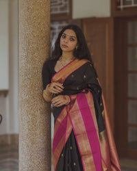 Elegant Black Banarasi Silk Saree with Rani Pink Contrast Border & Gold Zari Weaving
