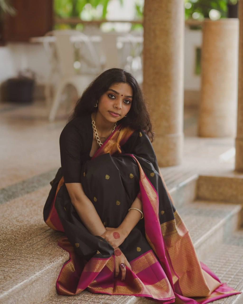 Elegant Black Banarasi Silk Saree with Rani Pink Contrast Border & Gold Zari Weaving