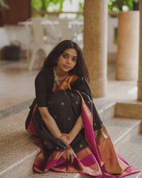 Elegant Black Banarasi Silk Saree with Rani Pink Contrast Border & Gold Zari Weaving