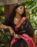 Elegant Black Banarasi Silk Saree with Rani Pink Contrast Border & Gold Zari Weaving