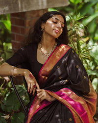 Elegant Black Banarasi Silk Saree with Rani Pink Contrast Border & Gold Zari Weaving