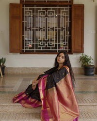 Elegant Black Banarasi Silk Saree with Rani Pink Contrast Border & Gold Zari Weaving