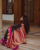 Elegant Black Banarasi Silk Saree with Rani Pink Contrast Border & Gold Zari Weaving