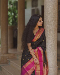 Elegant Black Banarasi Silk Saree with Rani Pink Contrast Border & Gold Zari Weaving