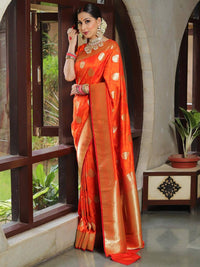 Royal Orange Banarasi Silk Saree with Gold Zari Polka Motifs & Rich Woven Pallu
