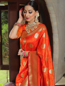 Royal Orange Banarasi Silk Saree with Gold Zari Polka Motifs & Rich Woven Pallu