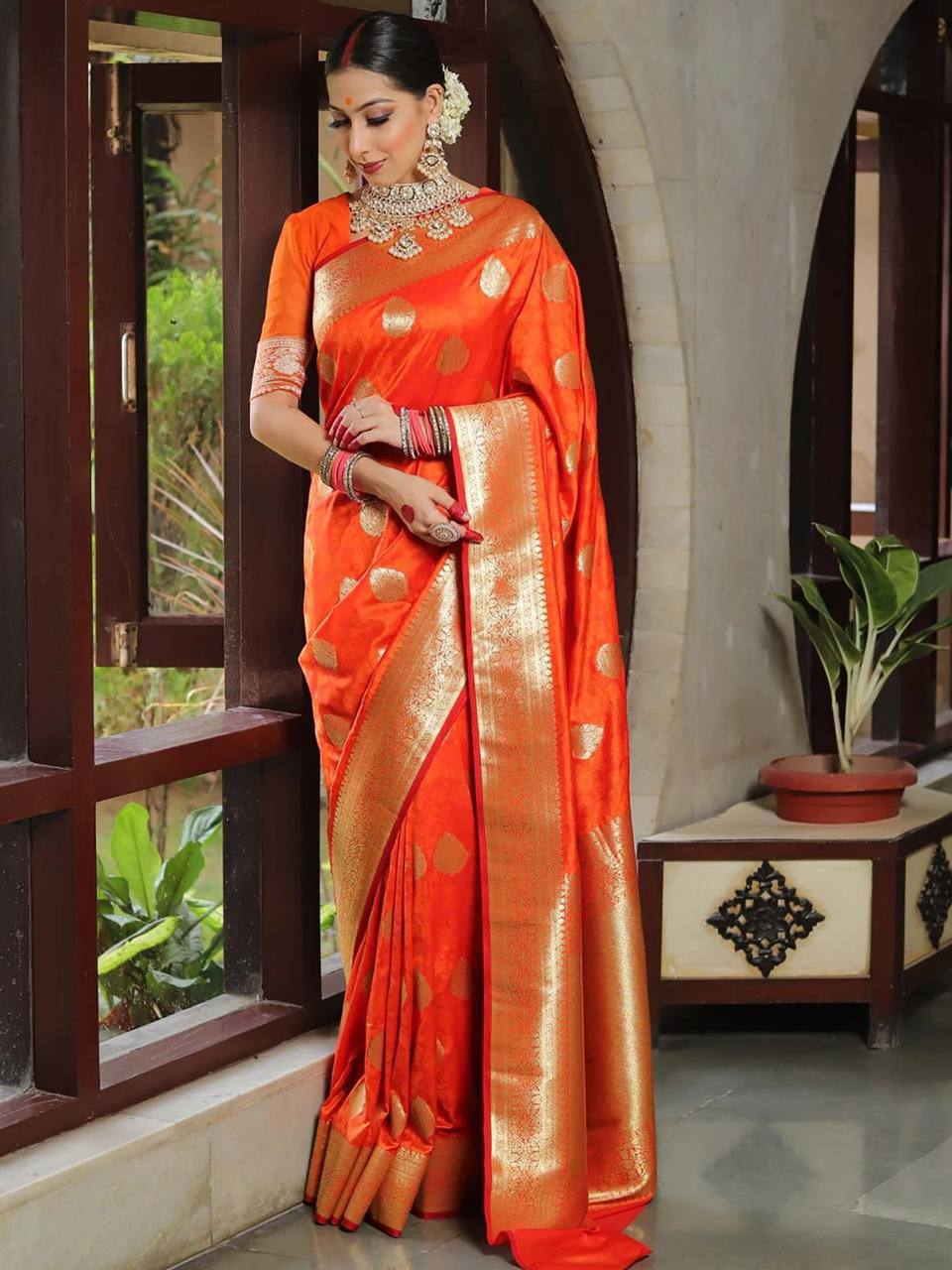 Royal Orange Banarasi Silk Saree with Gold Zari Polka Motifs & Rich Woven Pallu
